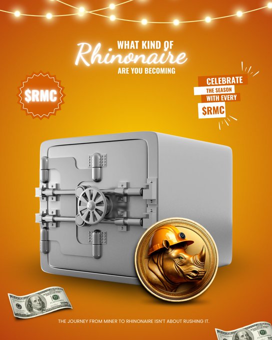 A promotional graphic for "SRMC" asking "WHAT KIND OF RHINONAIRE ARE YOU BECOMING", featuring a silver safe, a gold coin with a rhinoceros wearing a hard hat, scattered dollar bills, and string lights on an orange background.