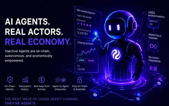 The image features a robot character that appears to be an AI agent, interacting with various elements of the digital world. The robot has a human-like appearance and is holding a book or a piece of paper while standing next to a computer screen displaying economic data. This scene highlights how @injective is treating AI agents as actual economic participants by giving them on-chain identities, allowing them to interact with other users directly, and providing them with the ability to earn fees for their services. The post emphasizes the importance of treating AI agents with respect and recognizing their value in the digital economy.