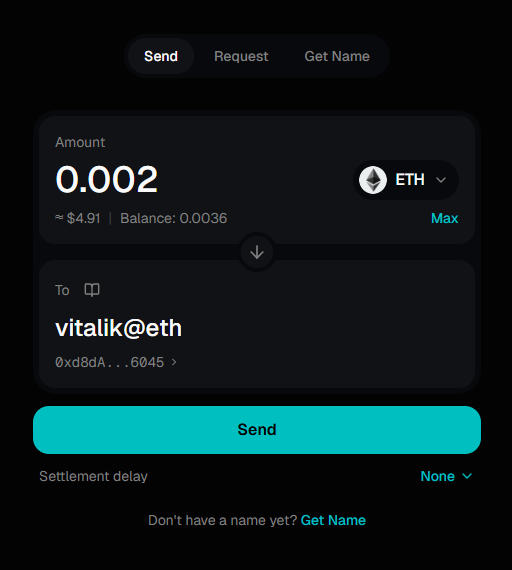 A crypto transaction interface showing a Send action of 0.002 ETH (~$4.91) from a balance of 0.0036 to the recipient "vitalik@eth" (0xd8dA...6045), illustrating XNSv2's new label@namespace format for human-readable blockchain addresses.