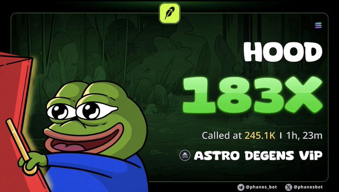 A green Pepe-style cartoon frog holding a red flag celebrates the "HOOD" token's 183x gain, which was called at a $245.1K market cap and reached $44.89M within 1 hour and 23 minutes via the "ASTRO DEGENS VIP" channel.