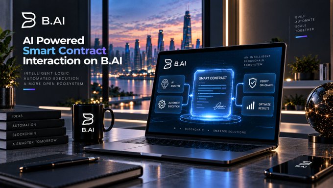 A sleek promotional graphic for B.AI featuring the text 'AI Powered Smart Contract Interaction on B.AI' and 'INTELLIGENT LOGIC, AUTOMATED EXECUTION, A MORE OPEN ECOSYSTEM,' showing a laptop displaying a smart contract interface alongside a branded mug and city skyline at dusk.