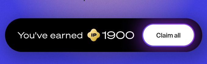 A purple-themed interface notification displaying 'You've earned 1900 IP' with a 'Claim all' button.