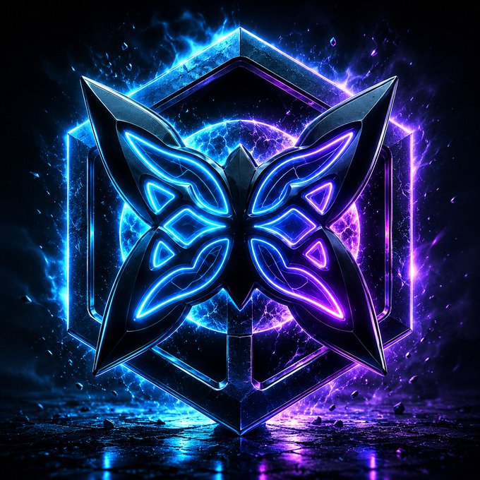 A stylized neon blue and purple butterfly emblem glowing within a hexagonal frame against a dark cosmic background with electric energy effects.