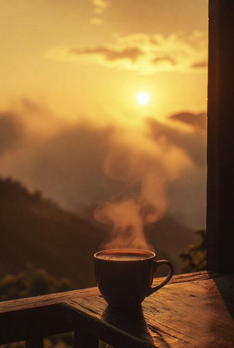 A steaming cup of coffee sits on a wooden surface with a stunning golden sunset and hazy mountains in the background, creating a warm, atmospheric scene.