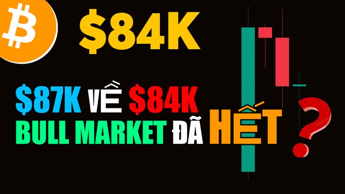 A Bitcoin price analysis graphic showing '$84K', '$87K', and '$84K' with the Portuguese text 'BULL MARKET DÃ HET?' next to green and red candlesticks.