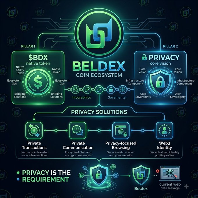 An infographic for the Beldex Coin Ecosystem outlining its two pillars: the $BDX native token and Privacy core vision, along with privacy solutions like Private Transactions, Private Communication, Privacy-focused Browsing, and Web3 Identity.