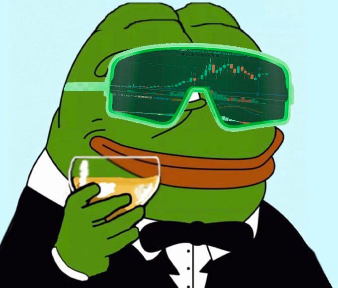 The image shows Pepe the Frog dressed in a tuxedo, sipping a drink while wearing green visor-like sunglasses displaying candlestick charts—visually embodying confident optimism that aligns with the post's bullish prediction that $PEPE's "next candle will go much higher."