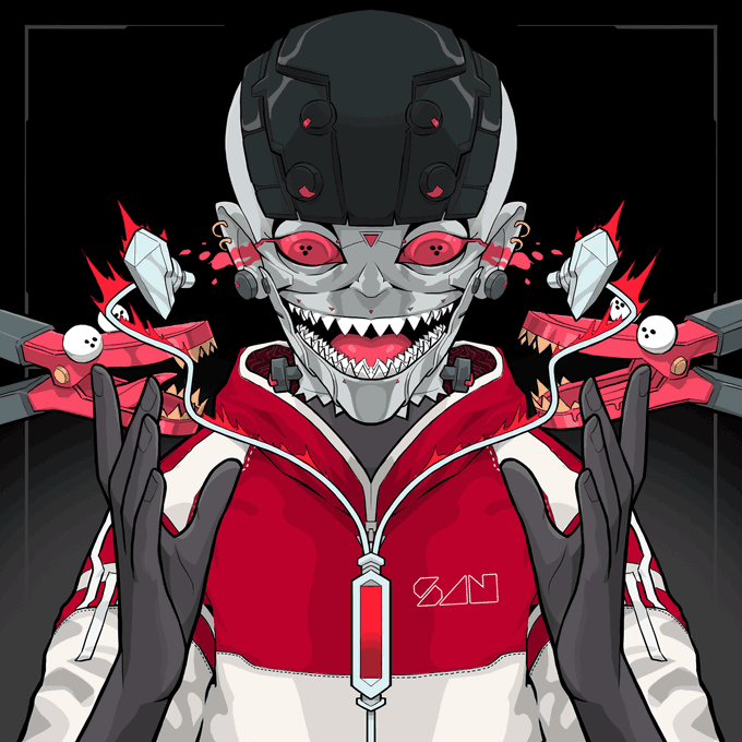 A dark, stylized digital artwork of a menacing character with glowing red eyes, sharp teeth, and black headgear, wearing a red and white jacket.