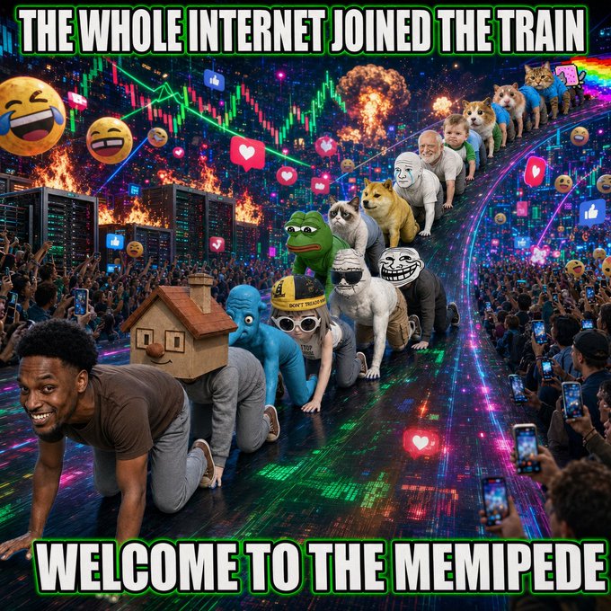 A meme image titled 'THE WHOLE INTERNET JOINED THE TRAIN / WELCOME TO THE MEMIPEDE' showing a chaotic procession of internet celebrities, characters, and memes forming a long line on a colorful digital track.