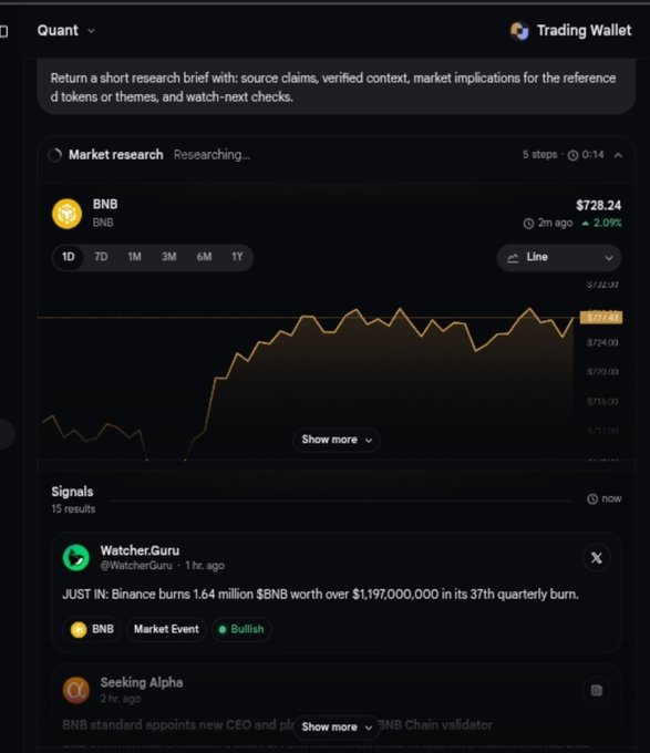 Screenshot of a cryptocurrency trading platform showing a 'Quant' market research tool with a 'Trading Wallet' header, displaying a BNB price chart at $728.24 (up 2.09%) and signals including one from Watcher.Guru stating 'JUST IN: Binance burns 1.64 million $BNB worth over $1,197,000,000 in its 37th quarterly burn.'