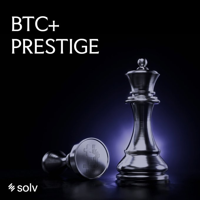 The image features a silver chess piece, likely a knight or queen, positioned next to another silver chess piece, possibly a king or queen, both of which are facing each other across from one another. The background appears to be black with some purple lighting. Below these two pieces, there is text that reads "BTC+ Prestige".