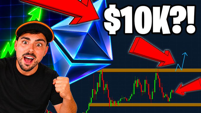 A YouTube thumbnail features an excited man in a black cap next to an Ethereum logo, with red arrows pointing to a candlestick chart and large text reading '$10K?!'.