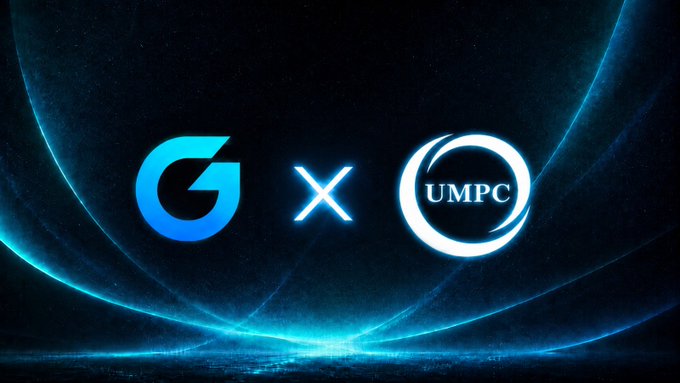 A promotional graphic featuring the "G × UMPC" partnership announcement, with a stylized "G" logo alongside the UMPC logo against a futuristic blue, cosmic-themed background, highlighting the collaboration between GEOM and UMPC referenced in the post about the lithium player's ecosystem expansion.