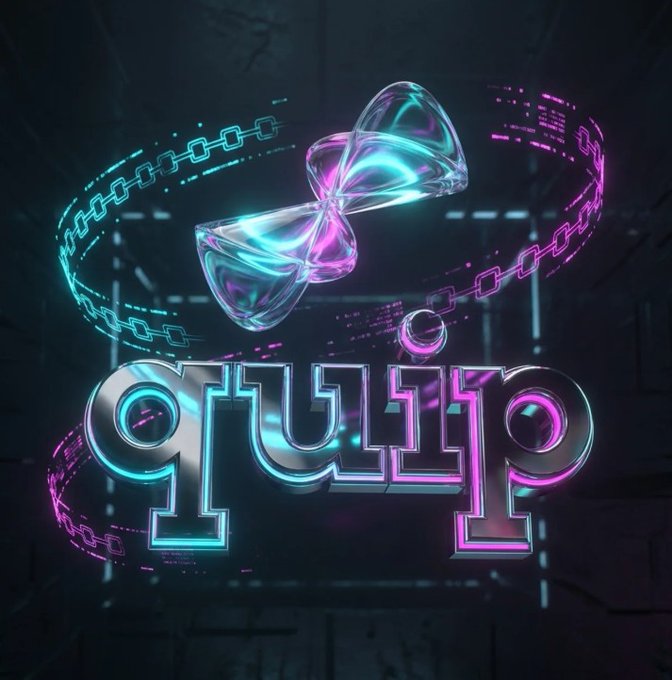 The image features a neon sign with the word "quip" written in large letters against a black background. The sign has a unique design, with a bow made of glass and chains surrounding it. This design gives the impression that the bow is floating or spinning around the center of the sign. The overall effect is visually striking and intriguing, drawing attention to the concept behind the "quip" network.