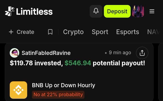 A screenshot of the Limitless platform shows user SatinFabledRavine's position: $119.78 invested in the "BNB Up or Down Hourly" market with a $546.94 potential payout at 22% probability, posted 9 minutes ago. The image illustrates the post's point about how Limitless allows traders to express market views through structured hourly prediction markets rather than relying on general social media sentiment.