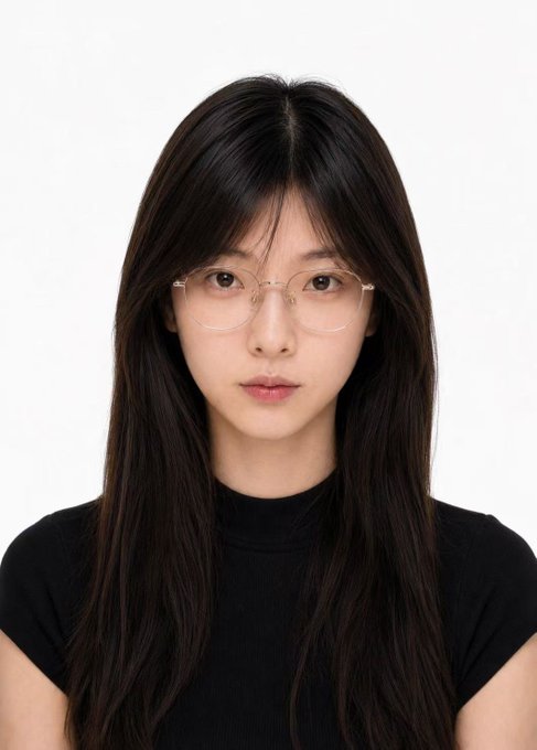 A young woman with long black hair and round wire-frame glasses poses against a white background, wearing a black t-shirt. Her clean, professional-looking portrait style suggests a personal profile or ID-style photo fitting for a social media "follow back" request post.