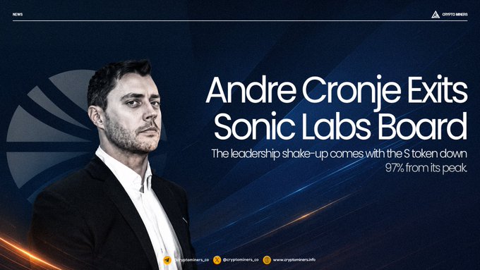 The image features a man wearing a suit standing against a blue background with white text that reads "Andree Cronie exits Sonic Labs Board". The man appears to be looking directly at the camera, giving off an air of professionalism or authority. The text in the image seems to be related to a business or project involving Sonic Labs and is likely discussing the recent departure of Andree Cronie from the company.