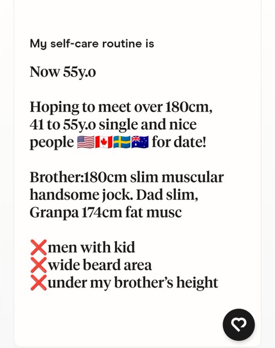A dating profile listing a 55-year-old's self-care routine, seeking a partner over 180cm tall, with flags for US, Canada, Sweden, and Australia, noting brother is 180cm and grandfather is 174cm. The image has no connection to the post about charts and midnight market moves.