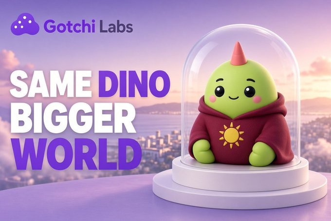 Gotchi Labs promotional graphic featuring a cute green dinosaur-like character in a maroon hoodie with a sun logo, displayed inside a glass dome with the text 'SAME DINO BIGGER WORLD'.