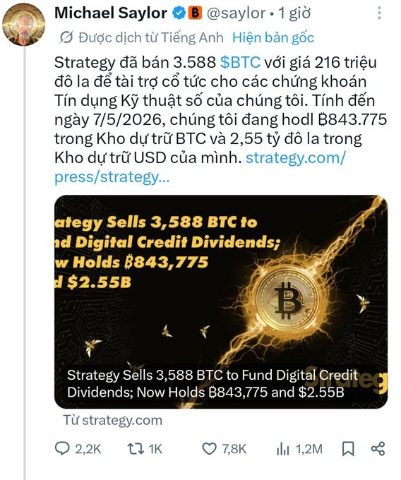 A tweet from Michael Saylor (@saylor) announcing that Strategy sold 3,588 BTC for $216 million to fund Digital Credit Dividends, now hodling 843,775 BTC.