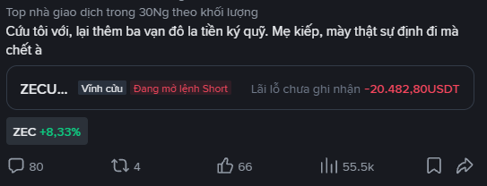 A dark-themed social media or trading post in Vietnamese criticizes a trader, showing a screenshot of a short position on ZECU with a loss of -20,482.80 USDT and a ZEC +8.33% gain.
