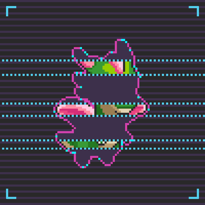 A pixel art illustration displays a glitchy, distorted character in pink, green, and dark purple colors against a dark blue background with horizontal scan lines.