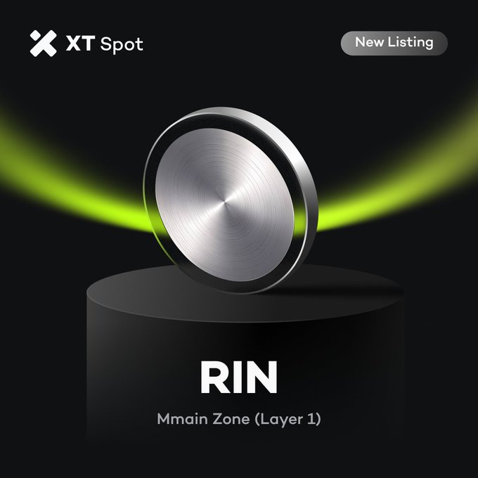 A promotional graphic for XT Spot announcing a new listing for RIN token on the Mmain Zone (Layer 1), featuring a metallic coin on a black pedestal with green light accents.