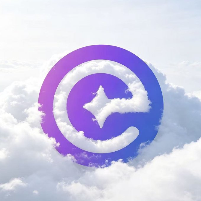 A purple and blue "@" symbol with a diamond-shaped center floats among fluffy white clouds, echoing the "GM #Echobit" social media greeting with its clean, symbolic design.