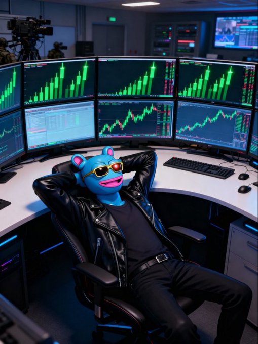 An AI-generated blue cartoon character wearing sunglasses and a black leather jacket lounges with hands behind its head in a chair in front of multiple monitors displaying green candlestick stock charts.