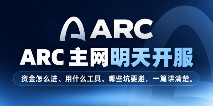 A promotional graphic for ARC with Chinese text reading 'ARC主网明天开服' (ARC Mainnet Opens Tomorrow) and '资金怎么进、用什么工具、哪些坑要避，一篇讲清楚。' (One article explains how to get funds in, what tools to use, and what pitfalls to avoid).