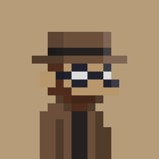Pixel art of a brown cowboy hat, blue eyes, and a brown coat against a tan background.