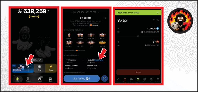 Three mobile app screenshots from what appears to be a cryptocurrency or gaming platform called '67 Balling' showing 639,259 coins, a balling game interface with '67 BALLING' text, and a swap screen trading GRAM tokens with a profile picture of a cartoon character surrounded by flames.