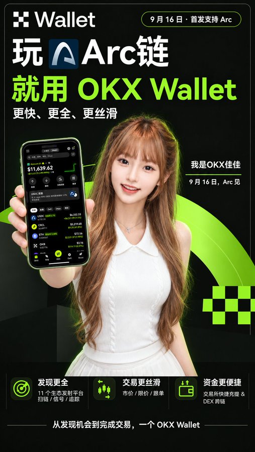 An advertisement in Chinese for OKX Wallet featuring a woman in a white dress holding up a smartphone displaying a crypto trading app, promoting Arc blockchain support.