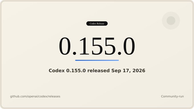 A minimalist webpage announcement displays '0.155.0' in large text, noting 'Codex 0.155.0 released Sep 17, 2026' with a link to github.com/openai/codex/releases.