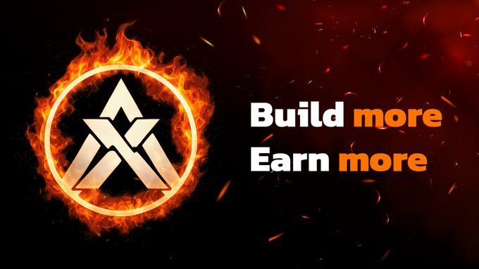 A promotional graphic featuring a flaming triangular/pyramid logo on a black background with the text 'Build more Earn more' in white and orange.
