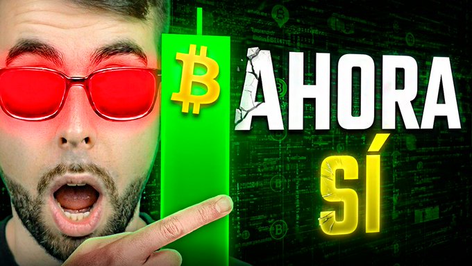 A thumbnail-style image of a bearded man pointing excitedly at a green Bitcoin bar chart, with the Spanish text 'AHORA SÍ' overlaid on a digital money-themed background.