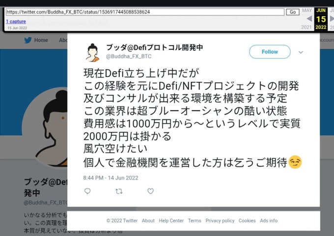 A Japanese tweet from @Buddha_FX_BTC dated 14 Jun 2022 discusses launching a DeFi protocol and mentions 1000万円-2000万円 (10-20 million yen) costs, with the text '風穴空けたい'.