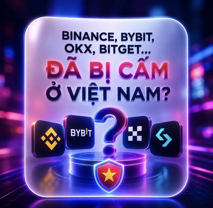 A vibrant graphic with a neon purple aesthetic features the Vietnamese text 'BINANCE, BYBIT, OKX, BITGET... ĐÃ BỊ CẤM Ở VIỆT NAM?' (Have Binance, Bybit, OKX, Bitget... been banned in Vietnam?) above the logos of the four exchanges, a large question mark, and a Vietnam flag shield.
