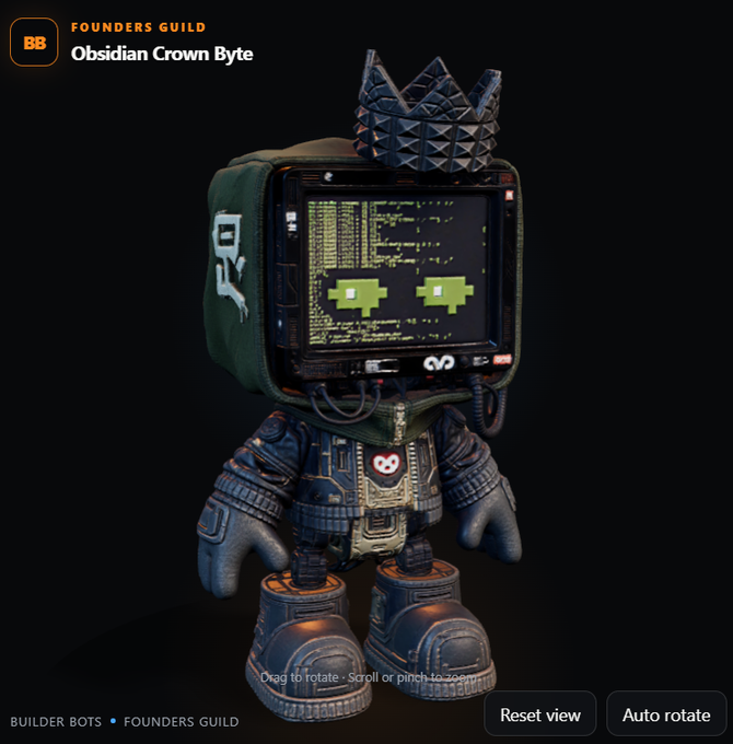 A 3D rendering of an 'Obsidian Crown Byte' collectible figure, featuring a television-like head with pixelated green eyes and the word 'VEX' on the screen, wearing a crown and tech-themed jacket, labeled as part of the 'BUILDER BOTS • FOUNDERS GUILD'.