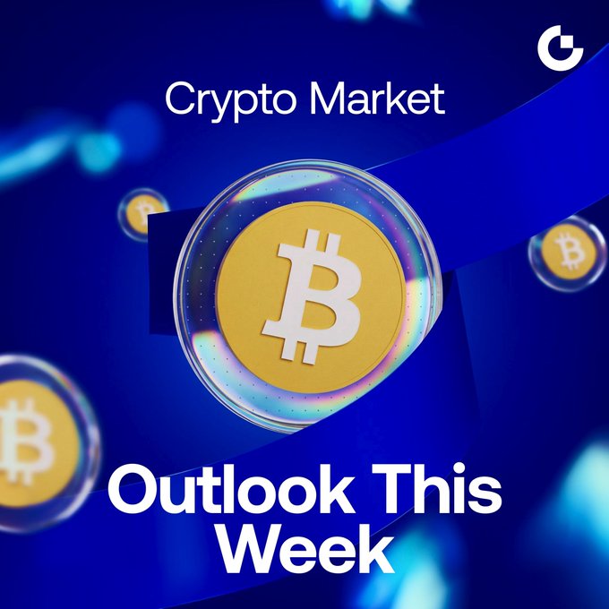 The image is a promotional graphic featuring a 3D golden Bitcoin coin surrounded by glowing bubble-like spheres against a deep blue background, with the text "Crypto Market" at the top and "Outlook This Week" at the bottom. It visually ties to the accompanying post by setting up a weekly crypto market preview, highlighting Bitcoin's pivotal role as $BTC tests key support amid major events like the Fed FOMC meeting, CLARITY Act vote, and Bank of Japan meeting.