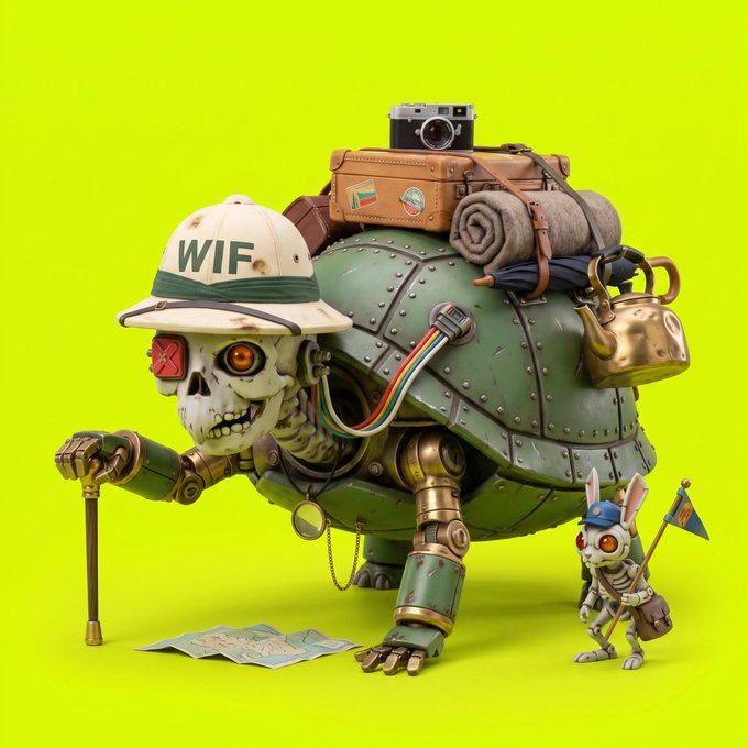 A whimsical armored turtle explorer with a “WIF” pith helmet, camera, backpack, map, and walking cane stands beside a small rabbit guide against a bright lime background. The adventurers’ gear and forward pose visually reinforce the post’s message: “We may be slow, but we sure are moving ahead.”