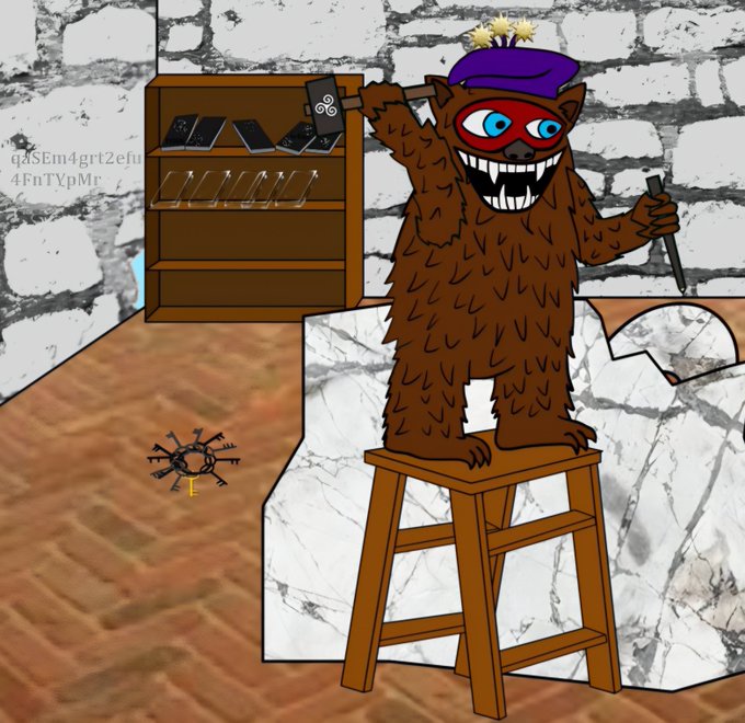 A furry brown creature wearing a purple beret and red mask stands on a wooden stool, holding a small key in one hand and what appears to be a tool in the other, in a room with stone walls and a wooden shelf displaying phones. The text "q8SEm4grt2efu4FnTypMr" is faintly visible on the wall, and the whimsical scene ties into the post's reference to finding the key to unlock "Button 589's Door."