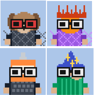 Four pixel art character portraits featuring blocky figures with large rectangular glasses in different outfits—gray shirt, purple shirt, orange knit cap, and a blue wizard hat with a green scarf.