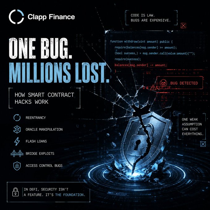 A dark, tech-styled infographic by Clapp Finance featuring a cracked shield and broken glass displays the headline "ONE BUG. MILLIONS LOST." alongside a code snippet and a "BUG DETECTED" alert, illustrating smart contract vulnerabilities. A sidebar lists five common attack types—Reentrancy, Oracle Manipulation, Flash Loans, Bridge Exploits, and Access Control Bugs—with the tagline "IN DEFI, SECURITY ISN'T A FEATURE. IT'S THE FOUNDATION," visually reinforcing the post's message about how a single coding flaw in automated smart contracts can lead to devastating financial losses.