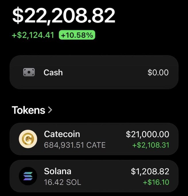 A cryptocurrency portfolio screenshot showing a total balance of $22,208.82 (+$2,124.41 or +10.58%), held almost entirely in CATE (684,931.51 tokens worth $21,000.00) with a small Solana position (16.42 SOL worth $1,208.82). The image accompanies a post celebrating Catecoin gains while soliciting SOL addresses for a promised giveaway—a common setup used in crypto engagement-farming scams.