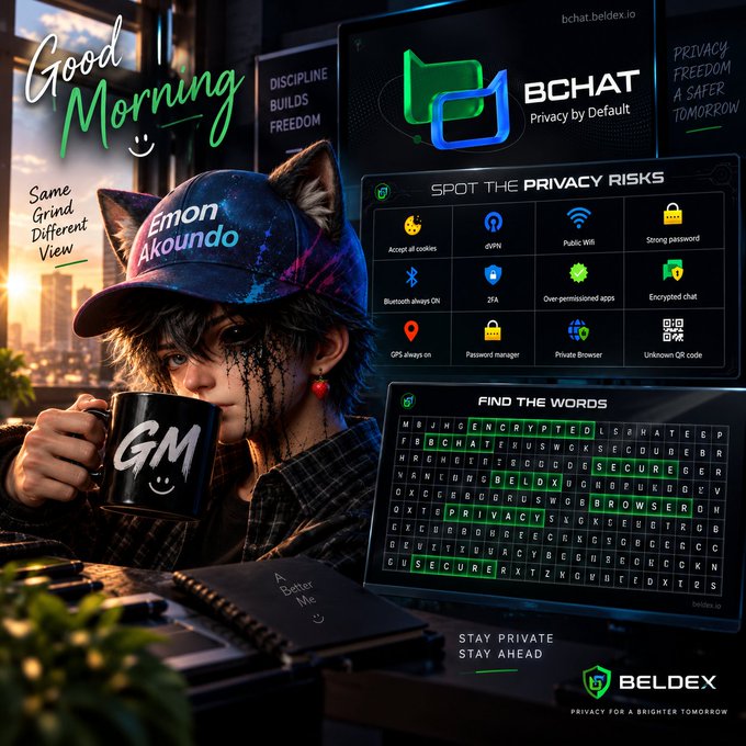 A promotional graphic featuring a character with cat ears and a galaxy-patterned hat holding a 'GM' mug, advertising BChat by Beldex with privacy-themed games like 'Spot the Privacy Risks' and a word search puzzle.