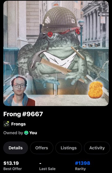A digital collectible titled "Frong #9667" from the "Frongs" collection is shown, featuring a frog in a helmet and goggles holding tools, priced at $13.19 with a best offer option and a rarity rank of #1398. The image illustrates the post's mention of Frong's value, contrasting it with the higher-priced "Cash Cat" ($400+).