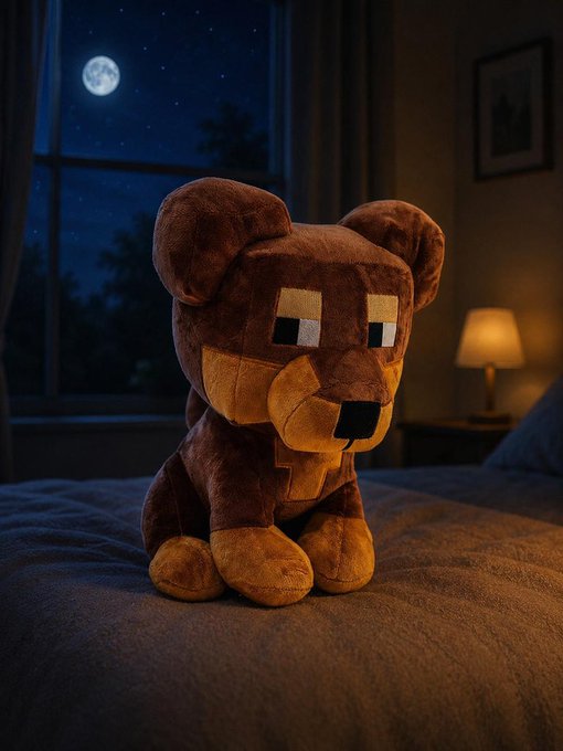 A blocky Minecraft-style teddy bear plush sits on a bed at night, illuminated by warm light with a full moon visible through the window behind it.