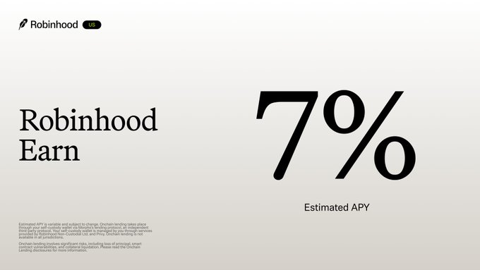 A Robinhood promotional advertisement highlights "Robinhood Earn" with an estimated 7% APY, featuring fine print noting that yields come from onchain lending via Morpho and a tokenized fund through Ondo Finance. The image supports the post's argument that major financial companies like Robinhood are integrating compliant, yield-bearing onchain products in anticipation of the Clarity Act passing and the broader push toward programs like Trump Accounts.
