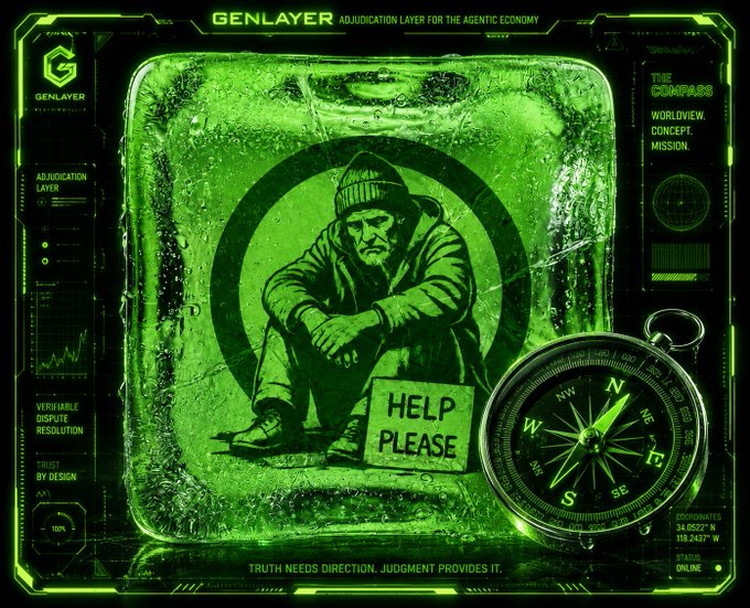 A green-tinted graphic titled "GENLAYER ADJUDICATION LAYER FOR THE AGENTIC ECONOMY" depicting a person holding a "HELP PLEASE" sign alongside a compass labeled "THE COMPASS" with text "TRUTH NEEDS DIRECTION. JUDGMENT PROVIDES IT."